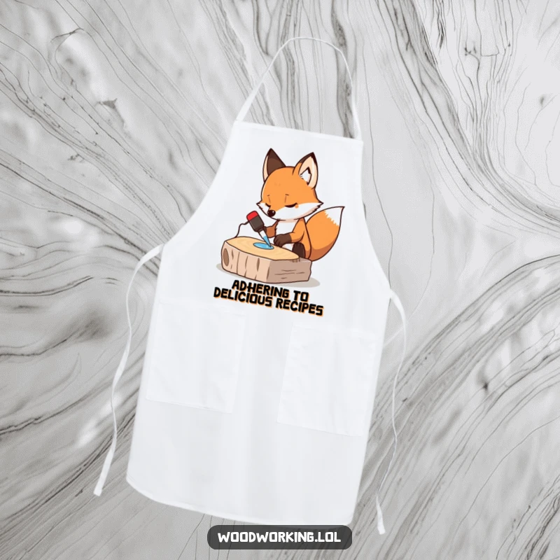 Funny apron showing a determined fox applying glue, perfect for messy cooks and crafters, a humorous protective garment.