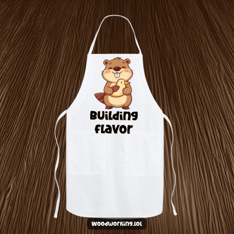 Funny apron showing a happy beaver proudly holding a carved wooden bird, great for a humorous crafting gift.