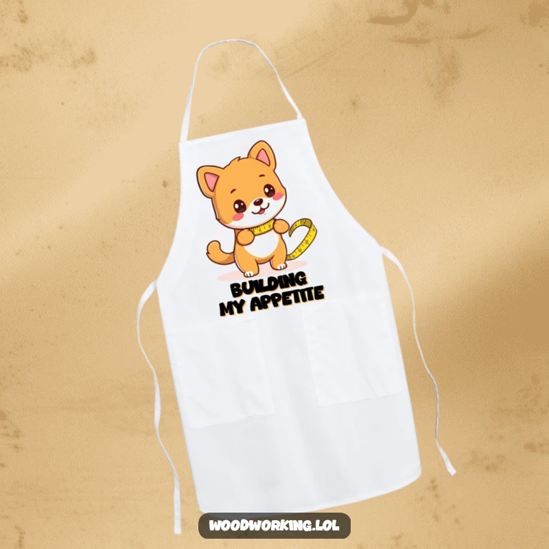 Funny dog as a chef, measuring ingredients with a large tape measure on a kitchen apron, ideal for bakers.