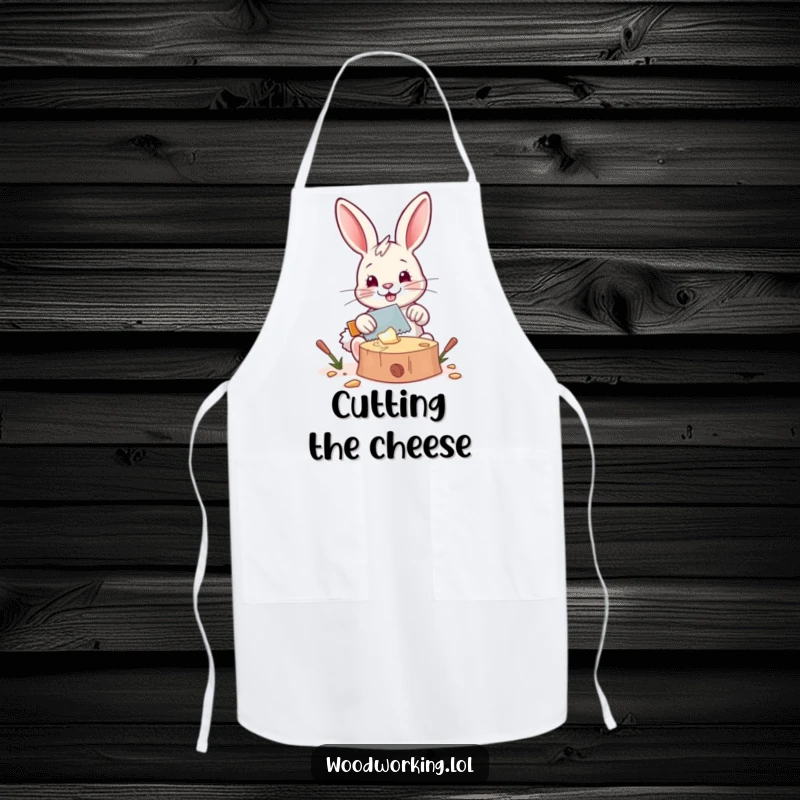 Funny apron: A happy bunny saws wood with a tiny saw, a humorous design for kitchen enthusiasts and crafters as a gift.