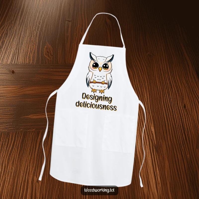 Funny owl apron featuring a content owl sketching a birdhouse blueprint, perfect for creative construction and design tasks.