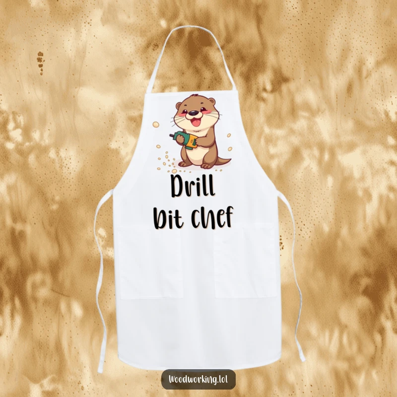 Funny otter gleefully operating a power drill, creating clouds of sawdust, depicted on a kitchen apron.