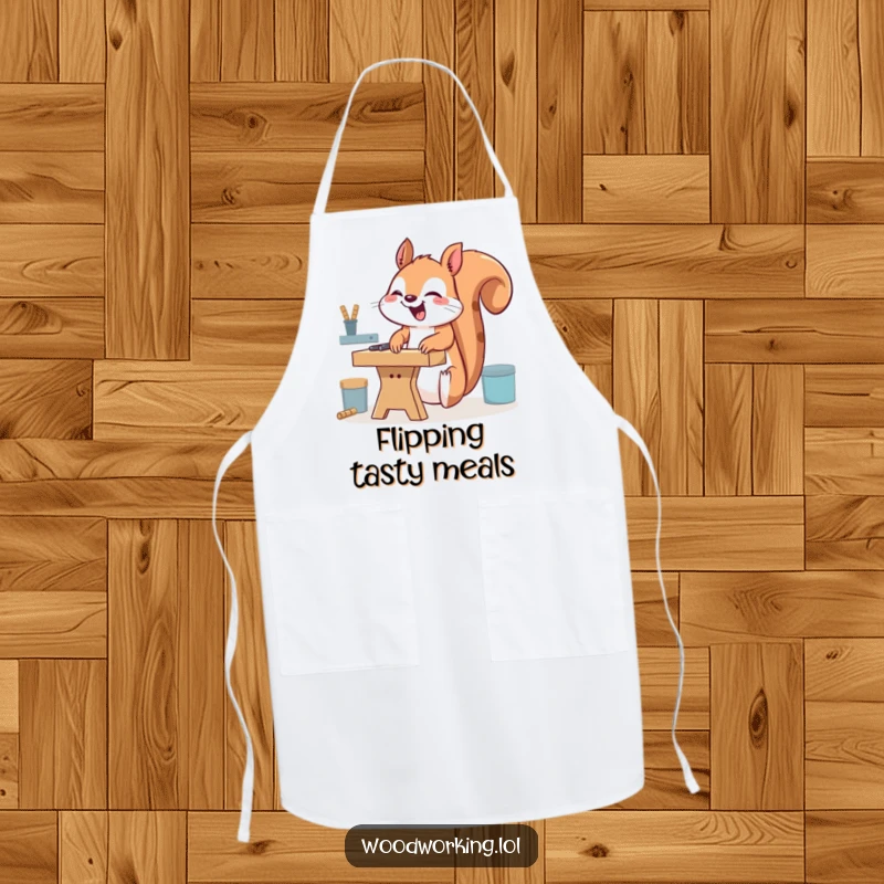 Funny giggling squirrel apron, humorously using a workbench upside down, ideal for cooks who embrace unconventional methods and enjoy a laugh.