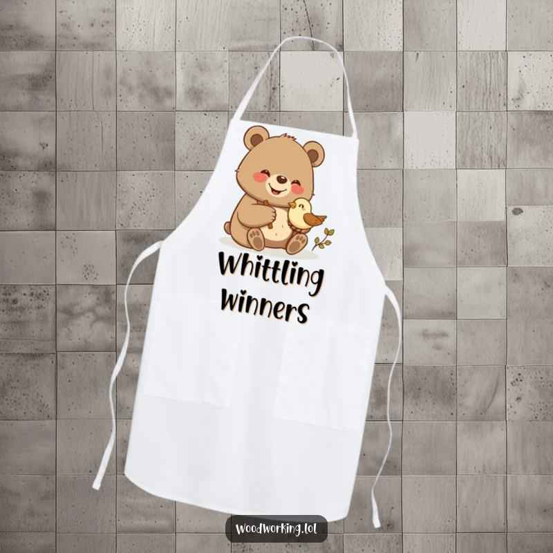 Funny bear proudly carving a small wooden bird, making this apron a humorous and practical workshop accessory.