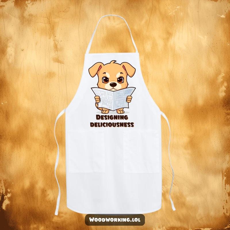 Funny Dog Apron: A determined dog in an apron, holding a blueprint, ready to cook, a funny gift.