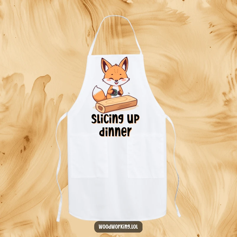 Funny apron depicting a cheerful fox sawing a plank of wood with rhythmic movements, ideal for crafters.