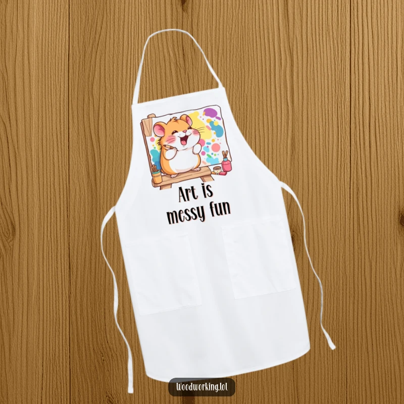 Funny hamster apron featuring a giggling hamster painting a vibrant mural on a wooden board, perfect for messy art sessions.