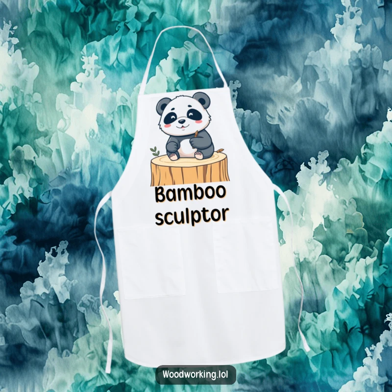 Funny apron depicting a silly panda concentrating on carving a delicate design into wood, perfect for creative messes.
