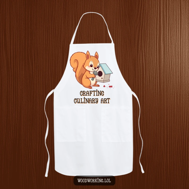 Funny determined squirrel hammering nails into a tiny birdhouse, perfect for a kitchen apron.