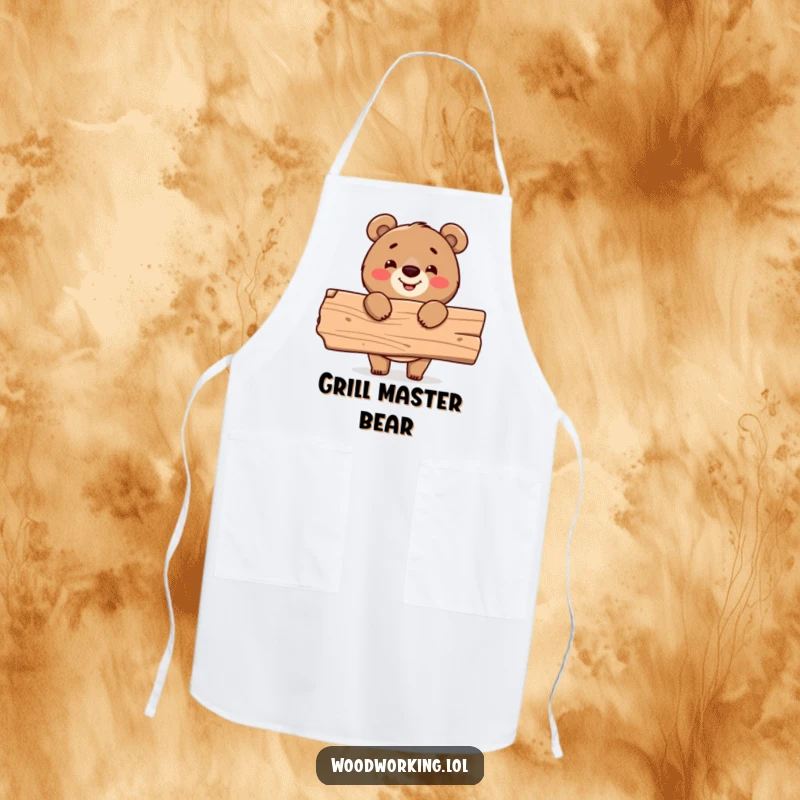 Funny apron, cheerful bear holding a plank of wood, construction work, DIY accessory.