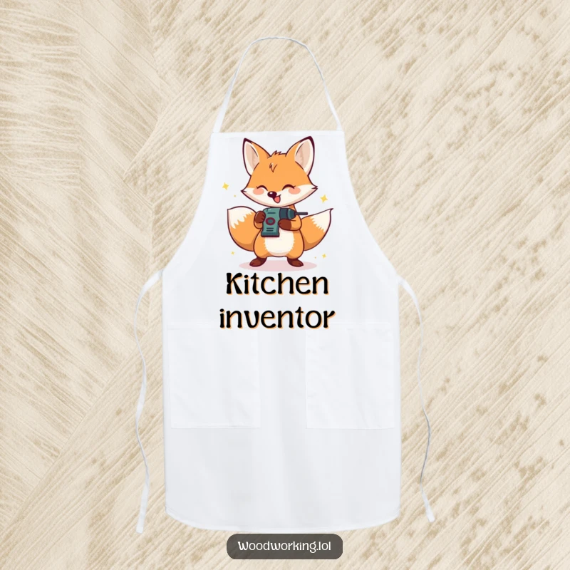 Funny apron with a happy fox energetically operating a small drill, adding humorous DIY flair to tasks.