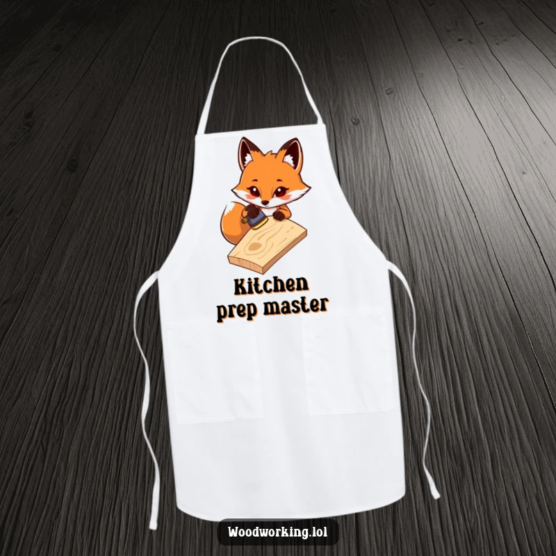 Funny apron: A determined fox sands wood with care, a humorous design for woodworkers and detail-oriented individuals as a gift.