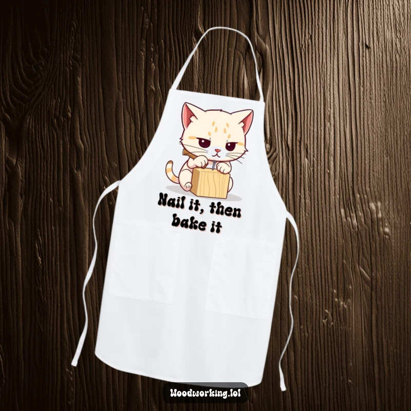 Funny cat apron showing a determined cat with a hammer and nail, perfect for protecting clothes during messy DIY or cooking.