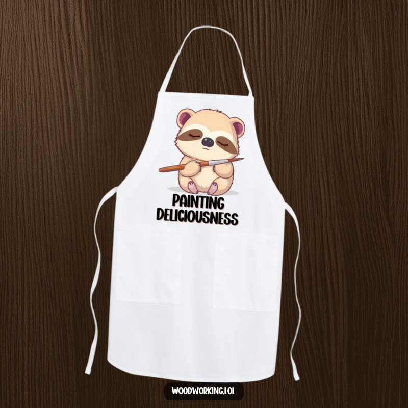 Funny sloth apron, a sleepy sloth gently holding a paintbrush, ready for artistic creation with a calm and focused demeanor.