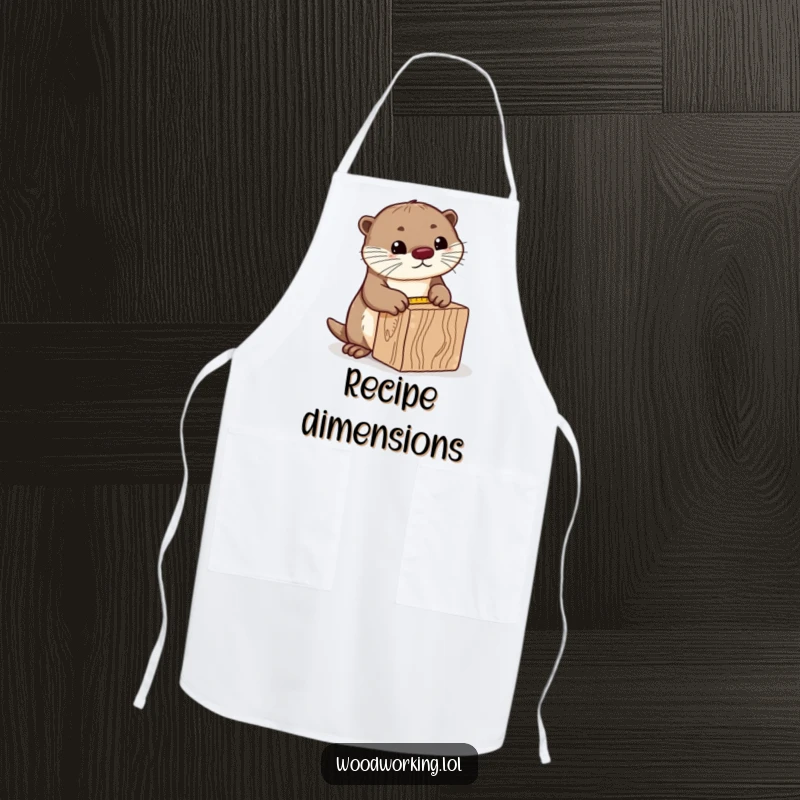Funny curious otter apron, precisely measuring a block of wood with a tape measure, ideal for cooks who appreciate accuracy and a playful touch.