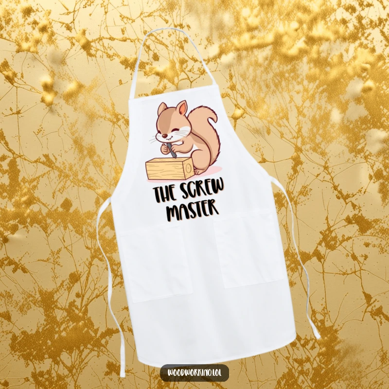 Funny squirrel diligently screwing two small wooden planks together, depicted on a kitchen apron.