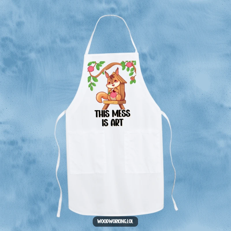 Funny squirrel artist wearing an apron, painting a birdhouse with vibrant colors, ideal for crafters.