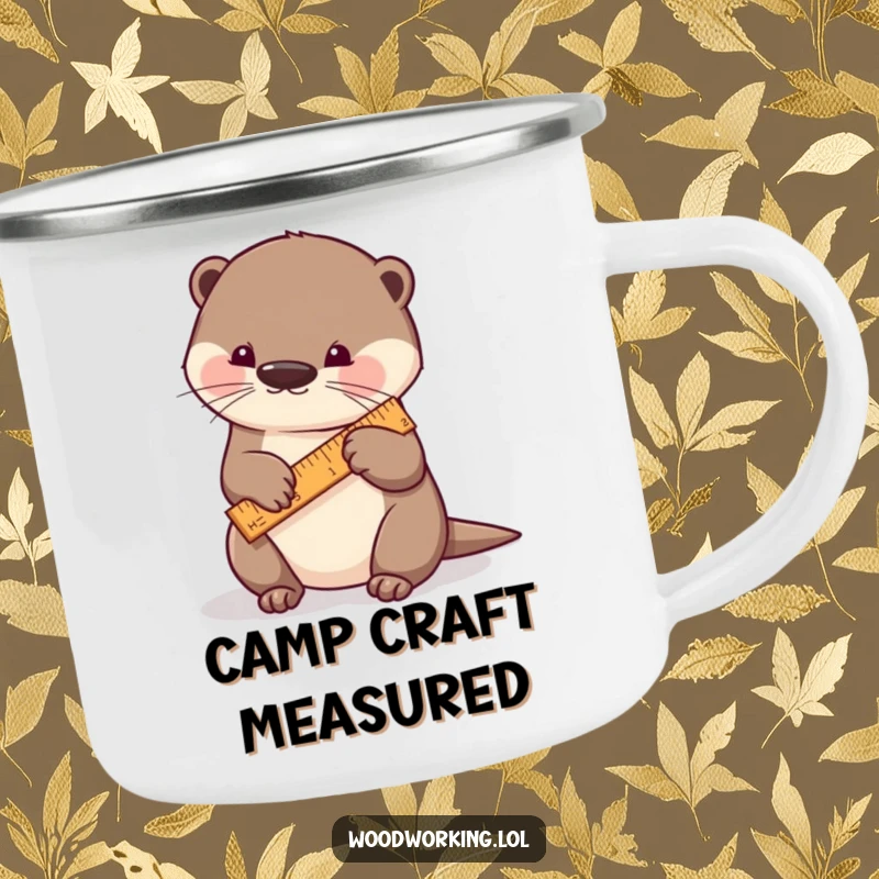 Funny otter camping mug, a playful otter measuring a piece of wood with a tiny ruler, ideal for outdoor adventures and precise planning.