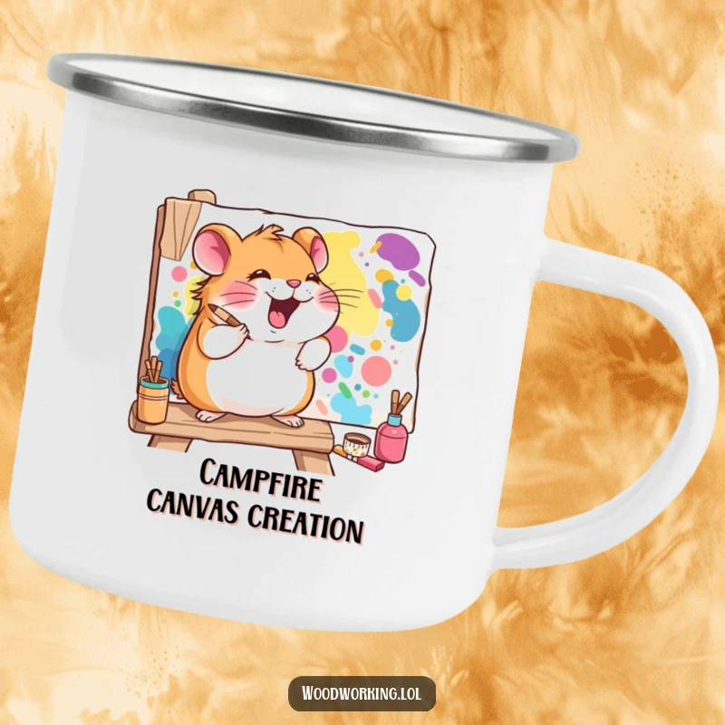 Funny hamster camping mug showing a giggling hamster painting a vibrant mural on a wooden board, perfect for outdoor art sessions.