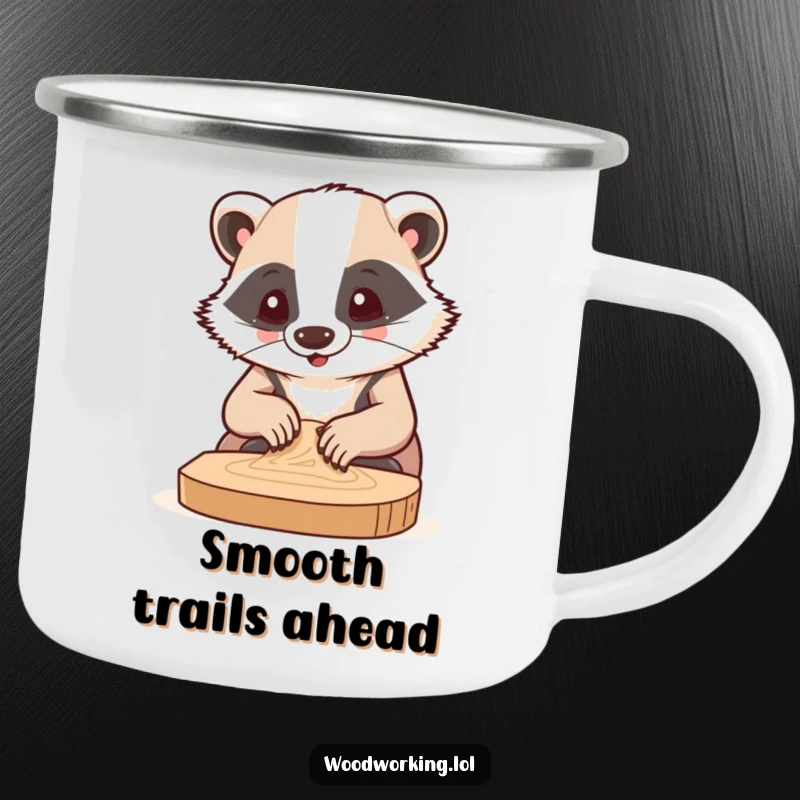 Funny camping mug illustration of a badger concentrating hard while sanding wood, perfect for outdoor enthusiasts.