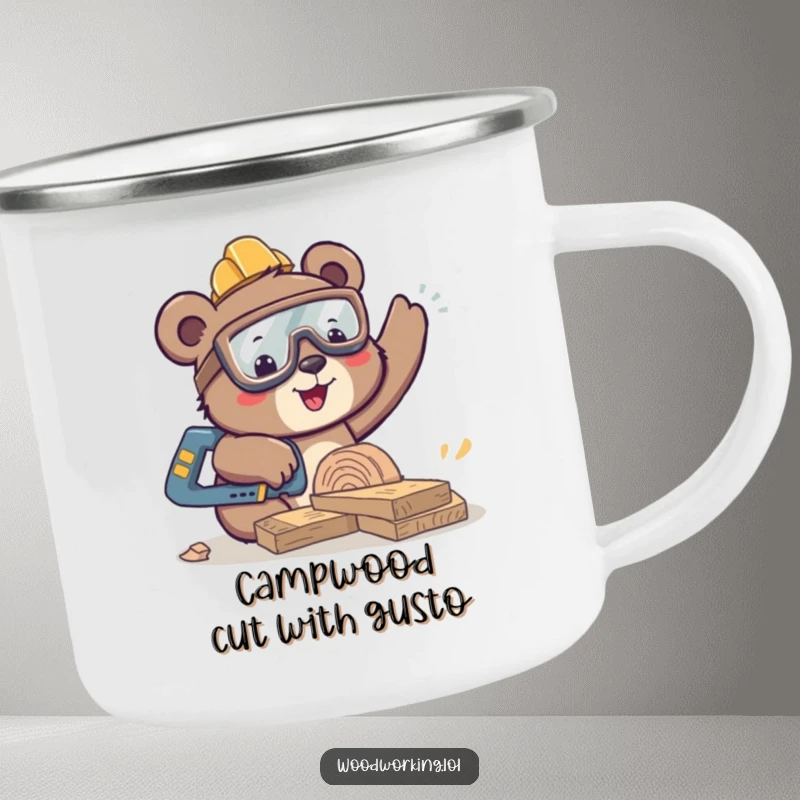 Funny happy bear holding safety goggles and a saw, durable camping mug, happy woodworking theme, perfect for outdoor adventures, a funny gift.