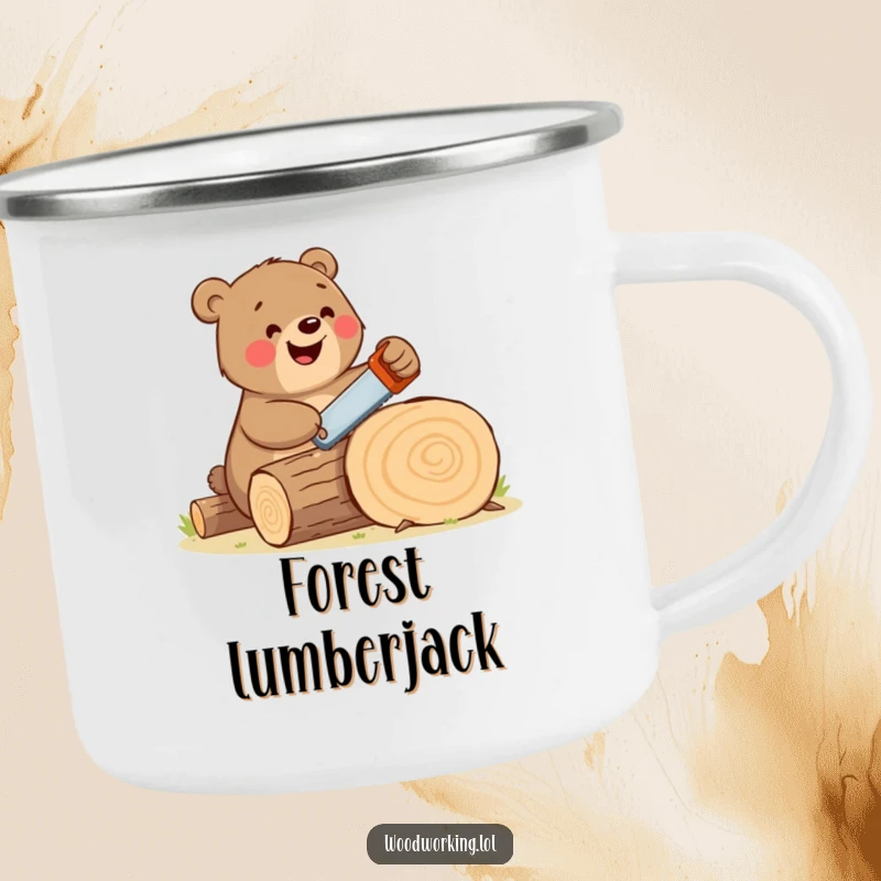 Funny bear camping mug showing a happy, large brown bear enthusiastically sawing a log with a tiny handsaw outdoors, a cheerful companion.