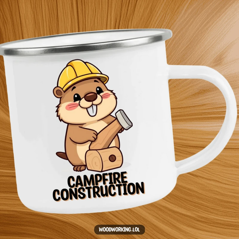 Funny camping mug of a happy beaver wearing a tiny hard hat, hammering a wonky wooden toy outdoors.