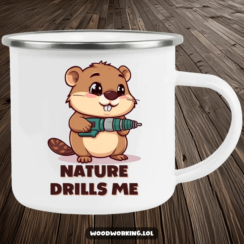 Funny camping mug illustration of a determined beaver using a drill with wide-eyed focus, perfect for outdoor builders.
