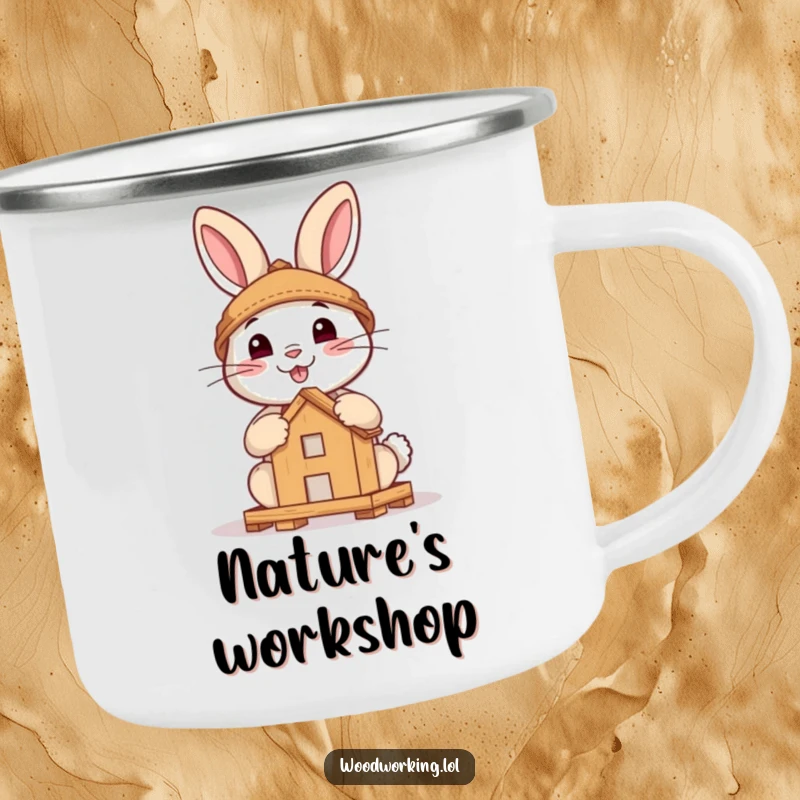 Funny enamel camping mug featuring a brave rabbit smiling while assembling a small wooden structure, ideal for outdoor use.