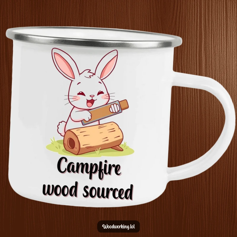 Funny bunny woodworker camping mug, cheerfully sawing a log, perfect for outdoor adventures and morning coffee.