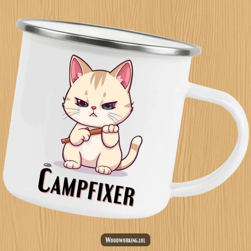 Funny camping mug: A focused cat hammers a tiny nail in an outdoor setting, bringing humorous DIY vibes to camping trips.