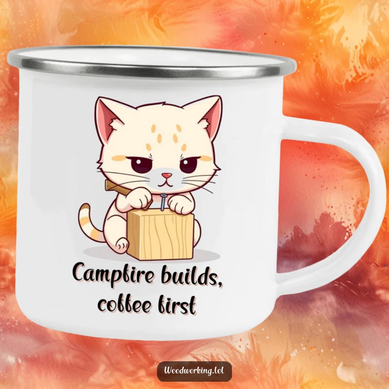 Funny cat camping mug featuring a determined cat hammering a nail, perfect for outdoor enthusiasts who love DIY and humor.