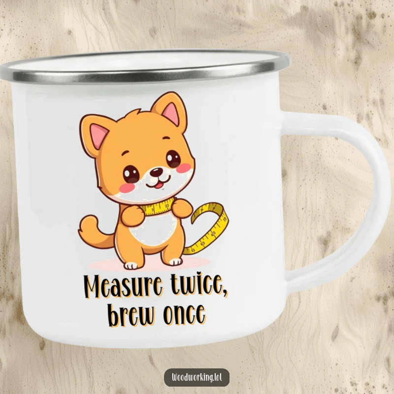 Funny dog outdoors, measuring firewood with a huge tape measure on a durable camping mug, perfect for adventures.