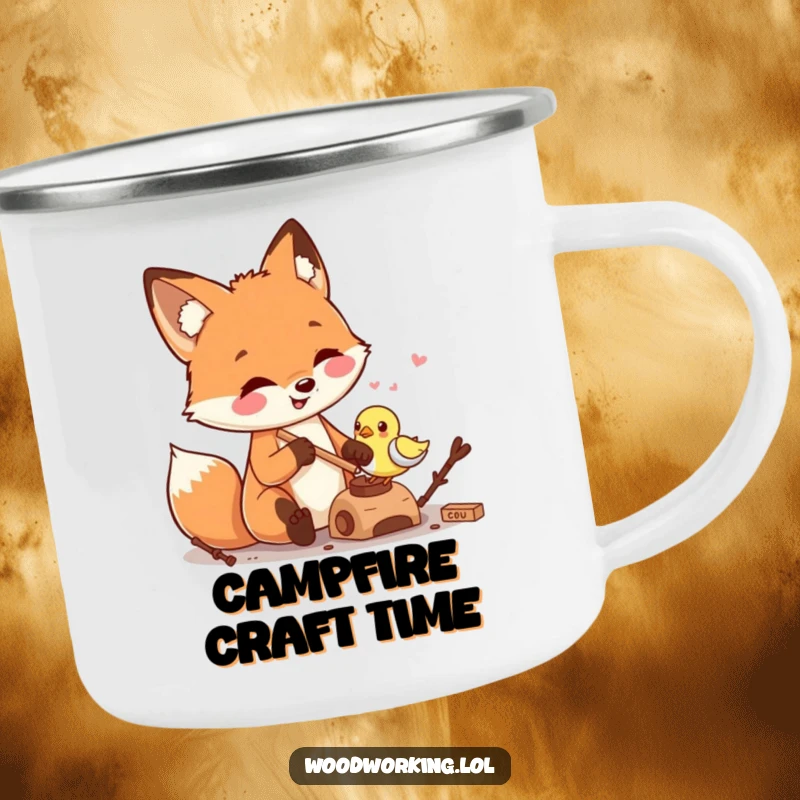 Funny fox skillfully carving a small wooden bird on a durable camping mug, combining intricate craft with rugged outdoor humor.