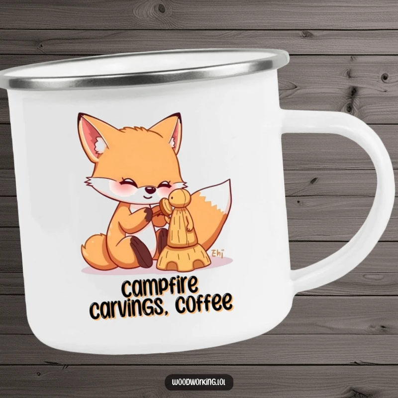 Funny fox camping mug featuring a playful fox chiseling a wooden figure, perfect for outdoor enthusiasts who love crafting and humor.