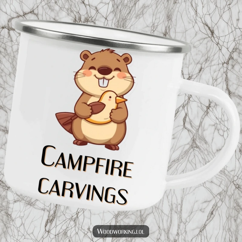 Funny camping mug featuring a happy beaver proudly holding a carved wooden bird, durable and humorous.