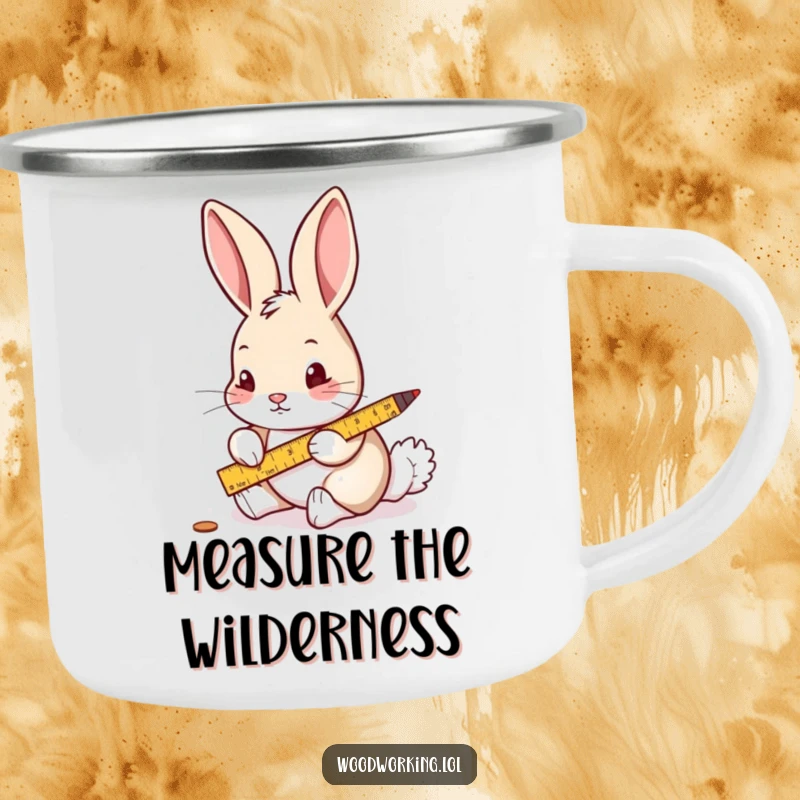 Funny camping mug illustration of a curious rabbit carefully measuring wood with a ruler and pencil, for outdoor planners.
