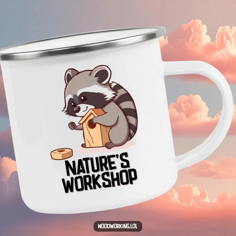 Funny raccoon meticulously sanding a small wooden birdhouse with a smile, printed on a rustic camping mug.