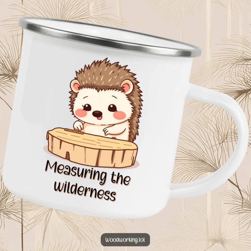 Funny camping mug featuring a happy hedgehog carefully measuring wood, perfect for meticulous outdoor sessions.