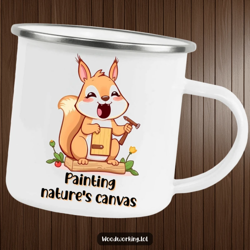 Funny squirrel camping mug, a cheerful cartoon squirrel painting a birdhouse, perfect for enjoying nature and art.