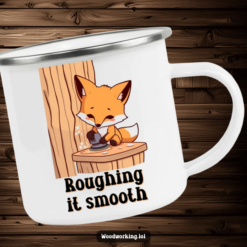 Funny fox carpenter camping mug, a determined artisan sanding wood, ideal for outdoor adventures and coffee lovers.