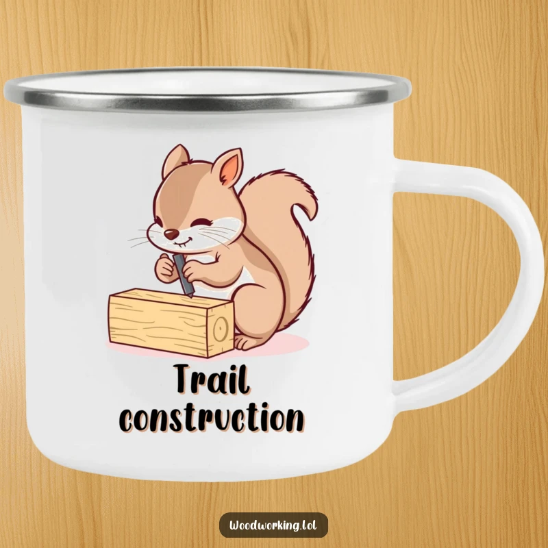 Funny squirrel diligently screwing two small wooden planks together, printed on a rustic camping mug.