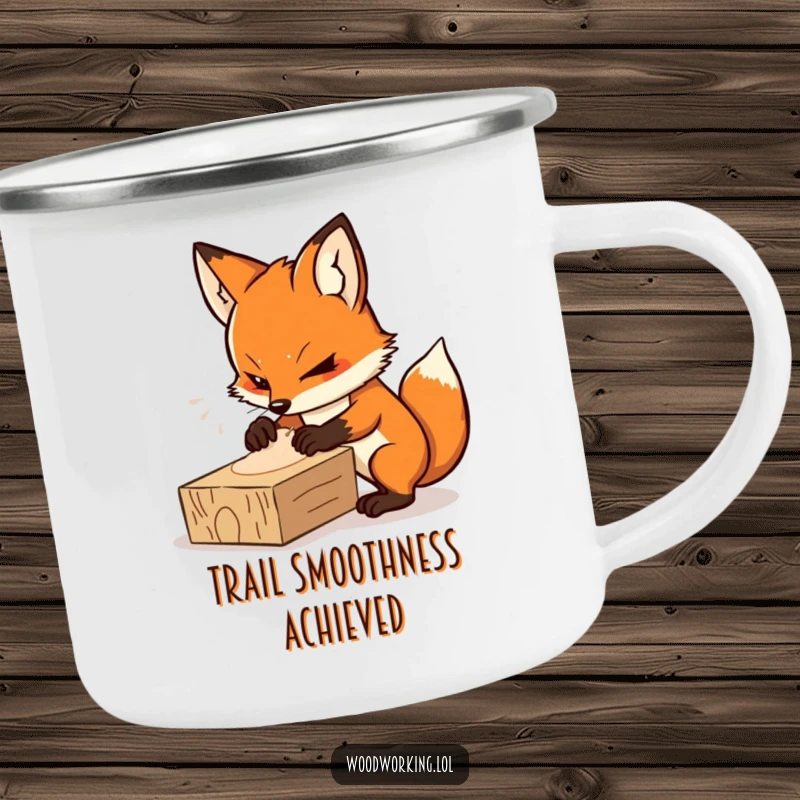 Funny camping mug with a determined fox intensely sanding a wooden plank, durable and humorous.
