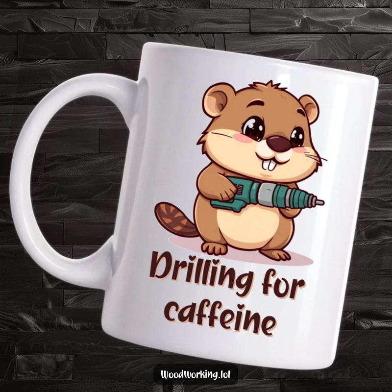 Funny mug showing a determined beaver with wide eyes using a drill, perfect for construction or DIY lovers.