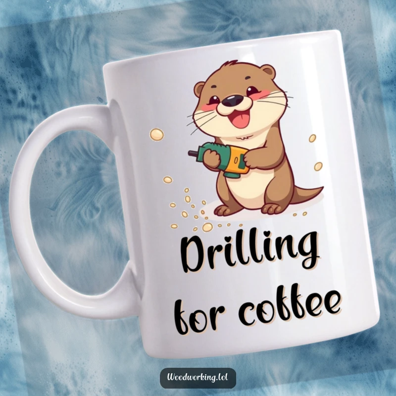 Funny otter gleefully operating a power drill, creating clouds of sawdust, perfect for coffee lovers.