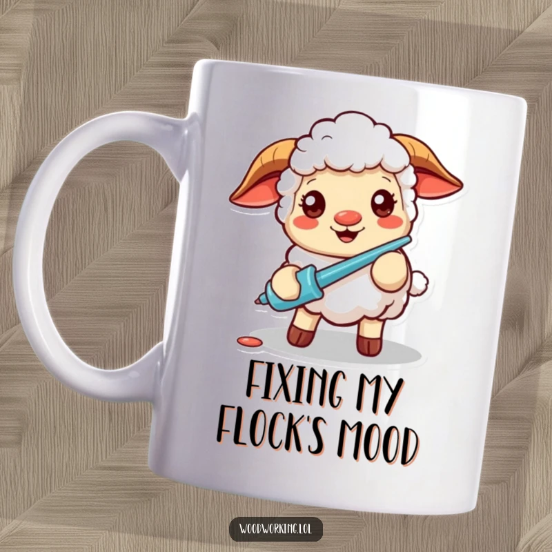 Funny sheep mug with a determined expression, skillfully using a screwdriver, perfect for DIY enthusiasts and lovers of farm animal humor.