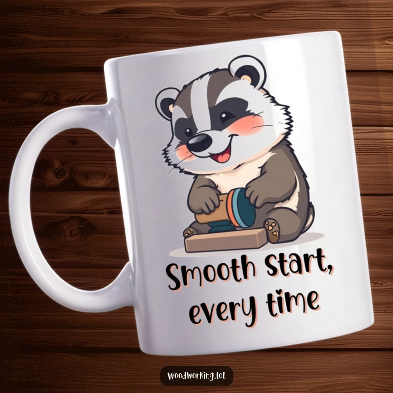 Funny Badger Mug: A happy badger concentrating on sanding wood, a funny gift for DIY fans.