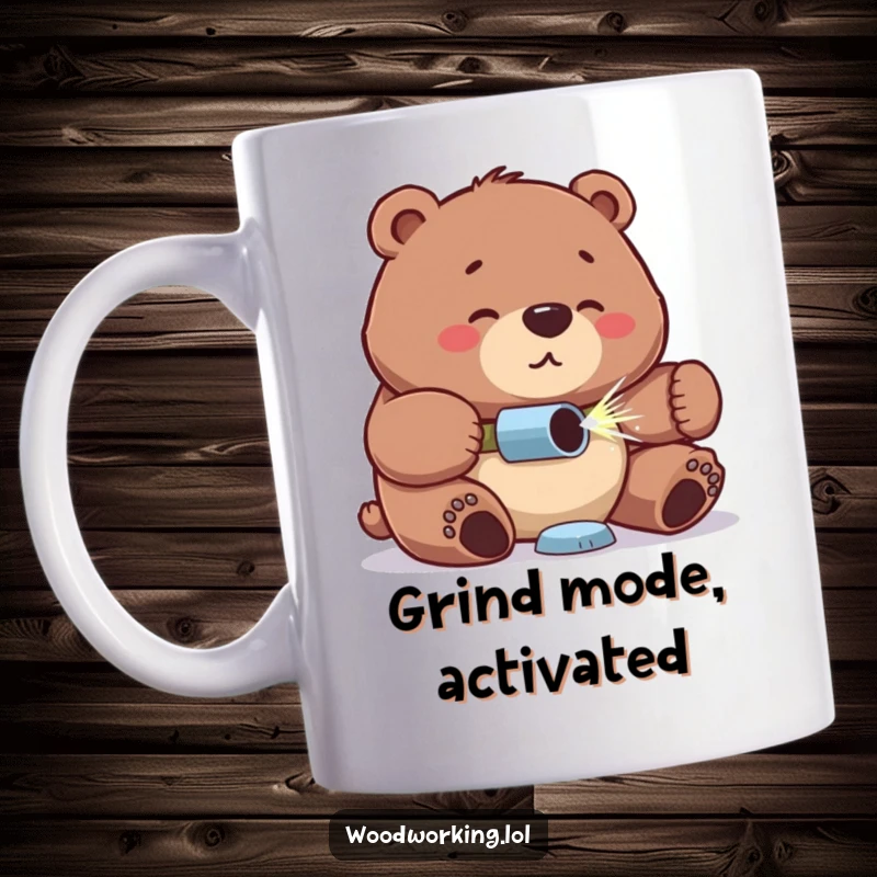Funny bear mug, proud expression, concentrated look, drilling a hole with focus, a skilled builder.