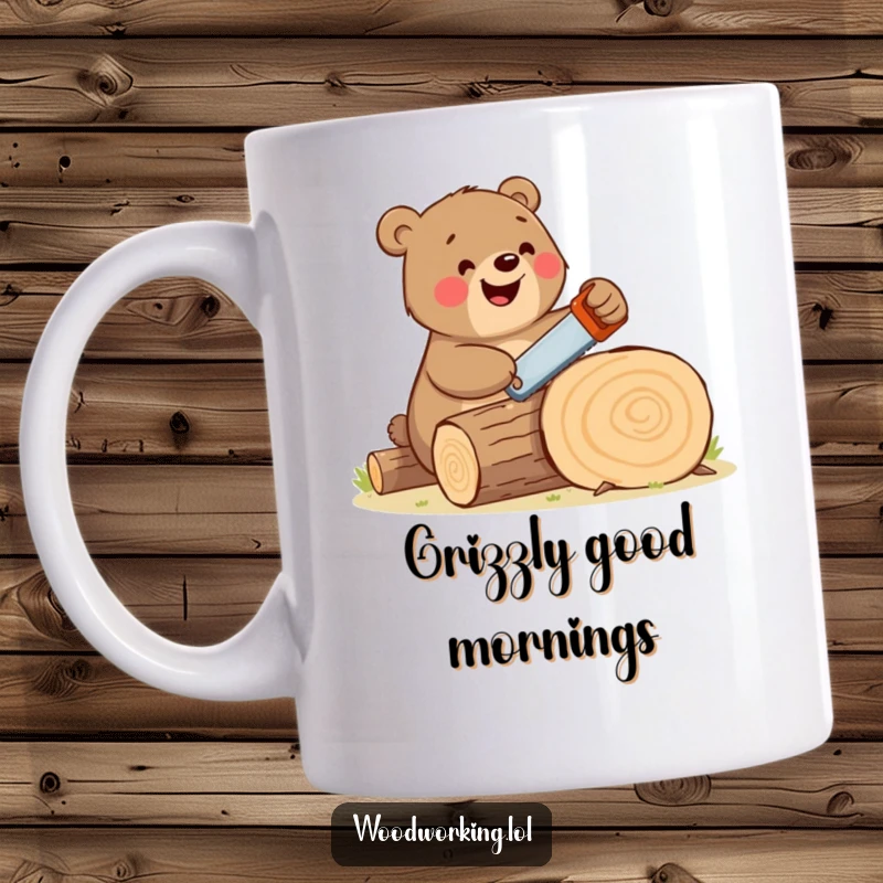 Funny bear mug showing a happy, large brown bear enthusiastically sawing a log with a comically tiny handsaw, full of joy.