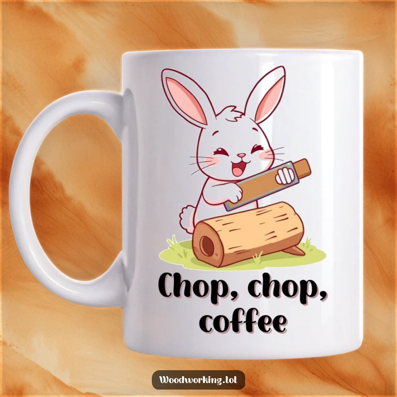 Funny bunny woodworker mug, happily sawing a log with a tiny saw, representing joyful DIY projects.
